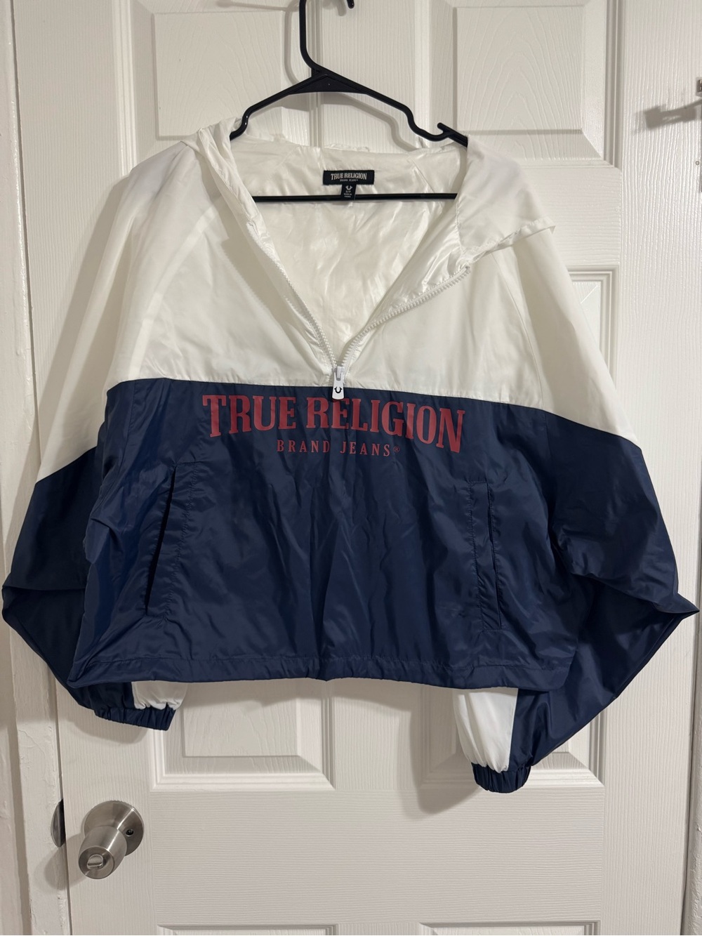 True Religion Navy and White Colorblock Half‑Zip Hoodie with Red Logo